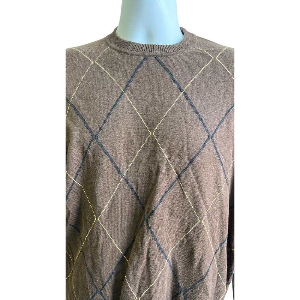 🧶 J. Ferrar L Brown Argyle Sweater 100% Cotton Preppy 90s Y2K Knit Layer - Picture 2 of 4